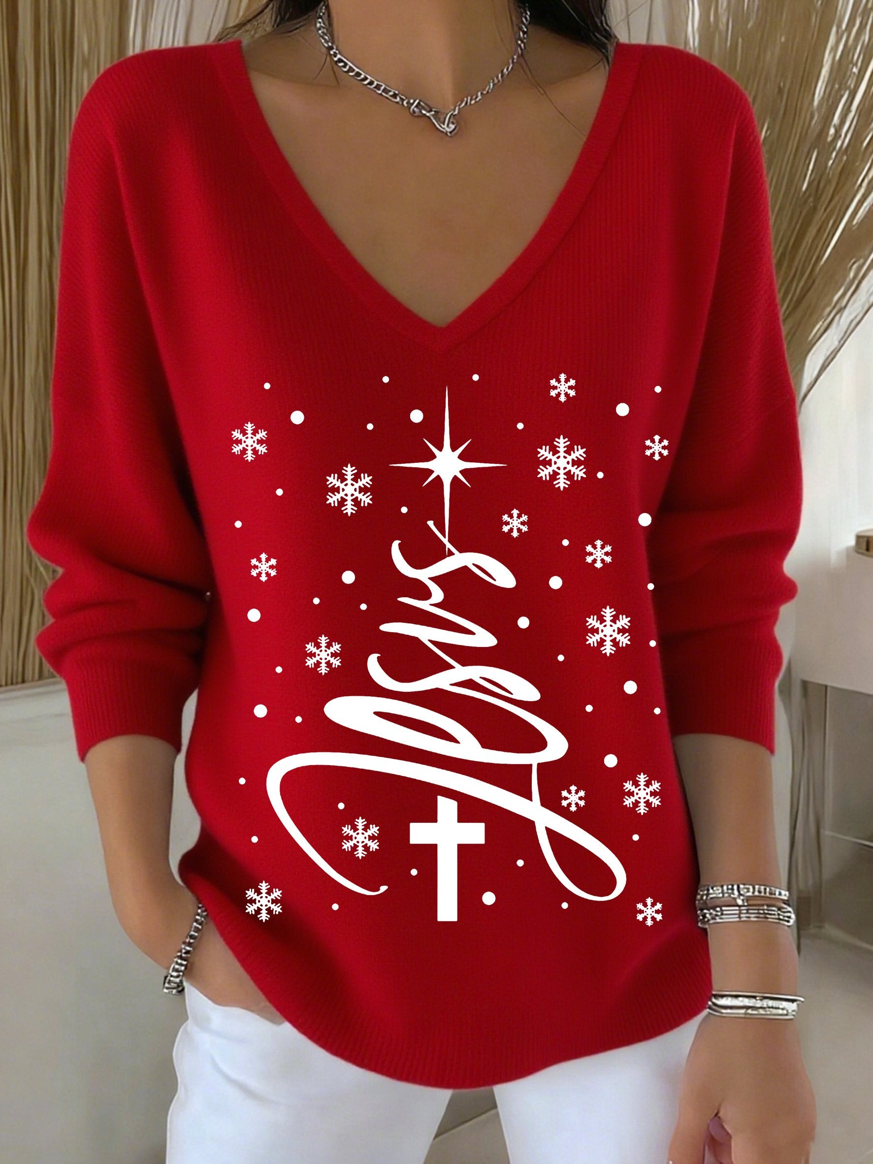 Women's Winter Christmas Cross Christmas Tree Print V-Neck Top
