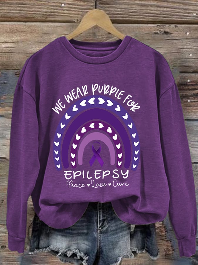 Retro Epilepsy Awareness We Wear Purple For Epilepsy Peace Love Cure Print Sweatshirt