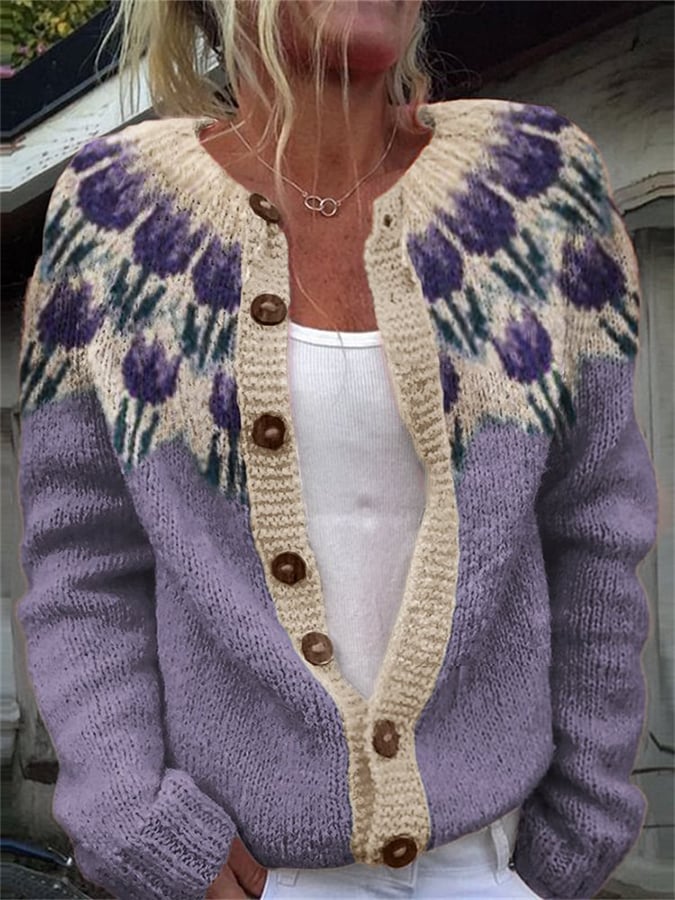 Women'S Purple Tulip Yoke Cozy Knit Island Cardigan