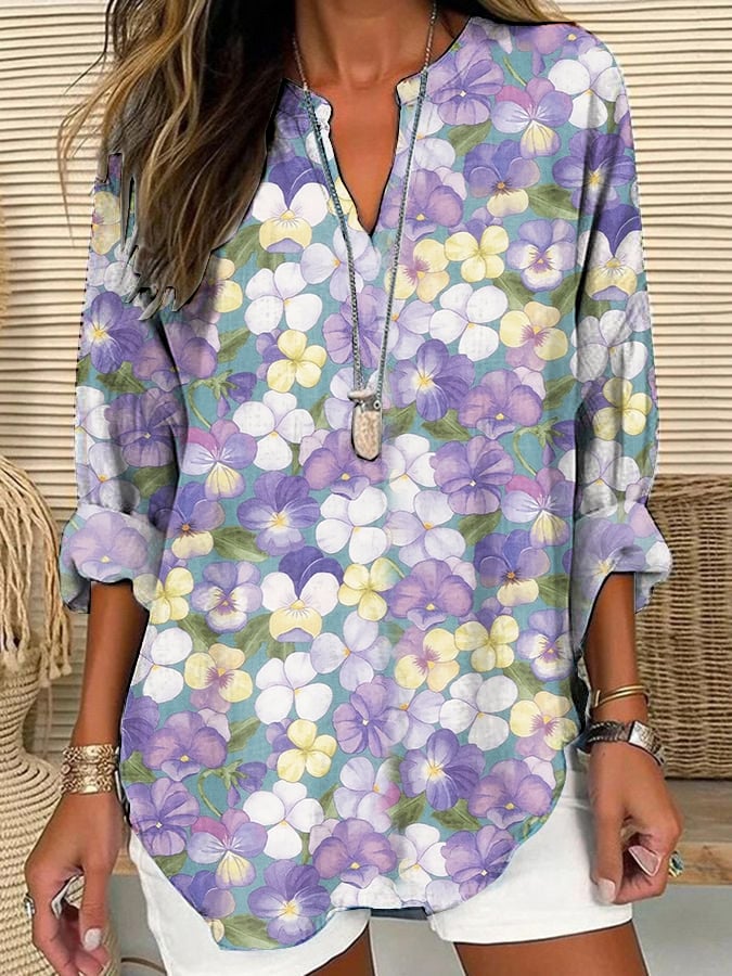 Women's Casual Purple Art Pansy Cotton and Linen Shirt