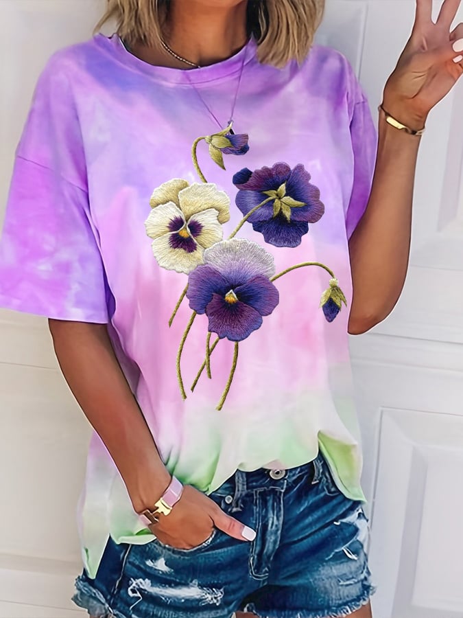 Women's Alzheimer's Awareness Purple Floral Print Crew Neck T-Shirt