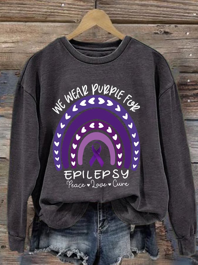 Retro Epilepsy Awareness We Wear Purple For Epilepsy Peace Love Cure Print Sweatshirt