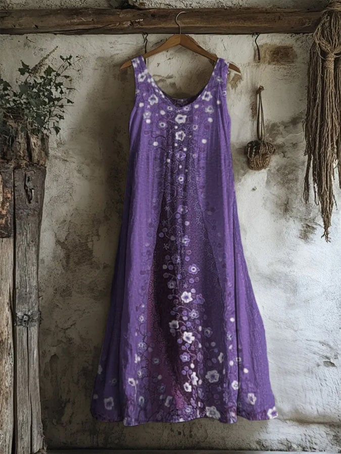 Women's Alzheimer's Purple Floral Print Linen Blend Tank Dress