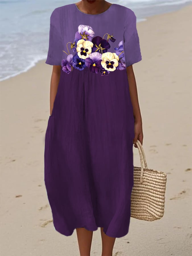 Women's Purple Pansy Alzheimer's Disease Awareness Floral Print Casual Crew Neck Short Sleeve Dress