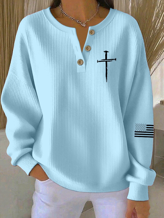 Women's Vintage Faith Cross Print Knitted Crew Neck Long Sleeve Top
