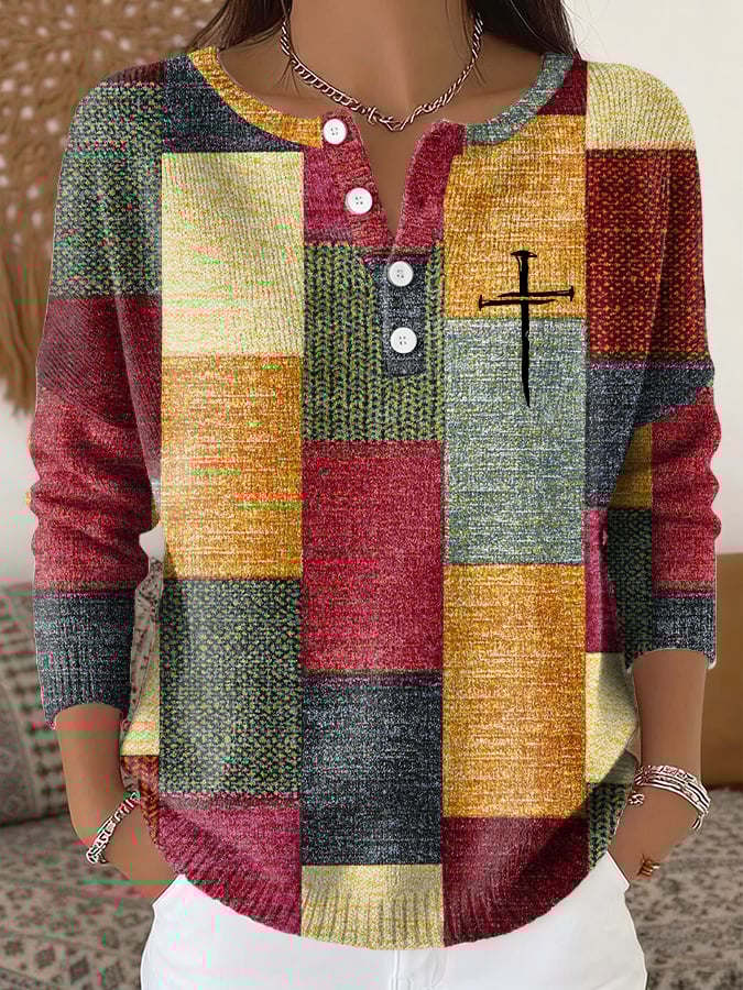 Women's Casual Autumn And Winter Retro Color Block Contrast Knitted Faith Top