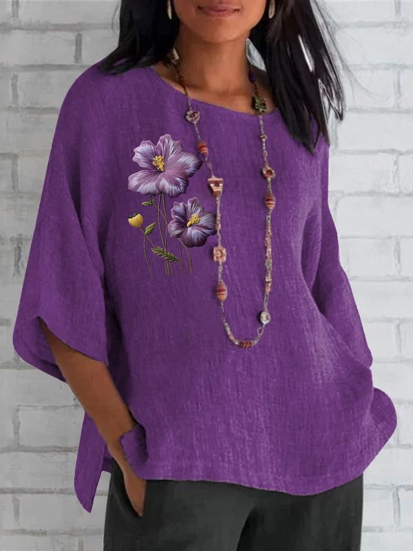 Women's Round Neck Purple Floral Print Round Neck Loose Shirt