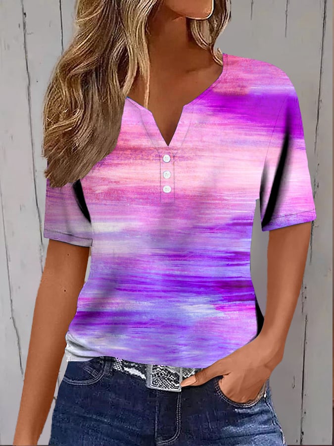 Women's Casual Purple Gradient Art Button T-shirt
