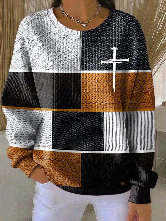 Women's Patchwork Faith Cross Print Crew Neck Long Sleeve Top
