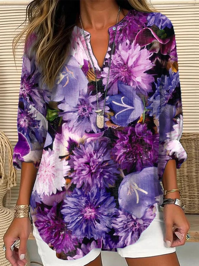 Women's Alzheimer's Awareness Purple Floral Cotton and Linen Shirt