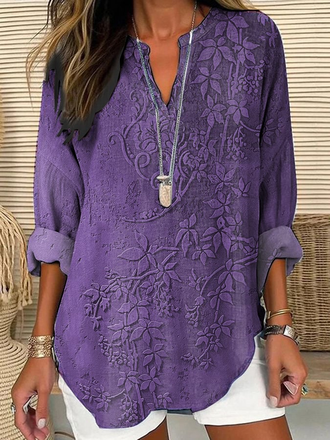 Women's Purple Art Floral Cotton And Linen Shirt