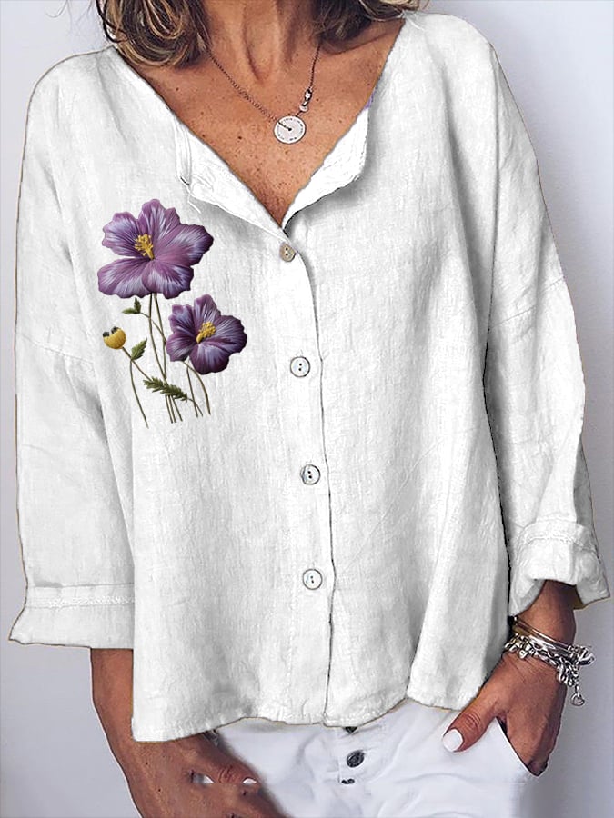 Women's Purple Floral Print Casual Cotton And Linen Top