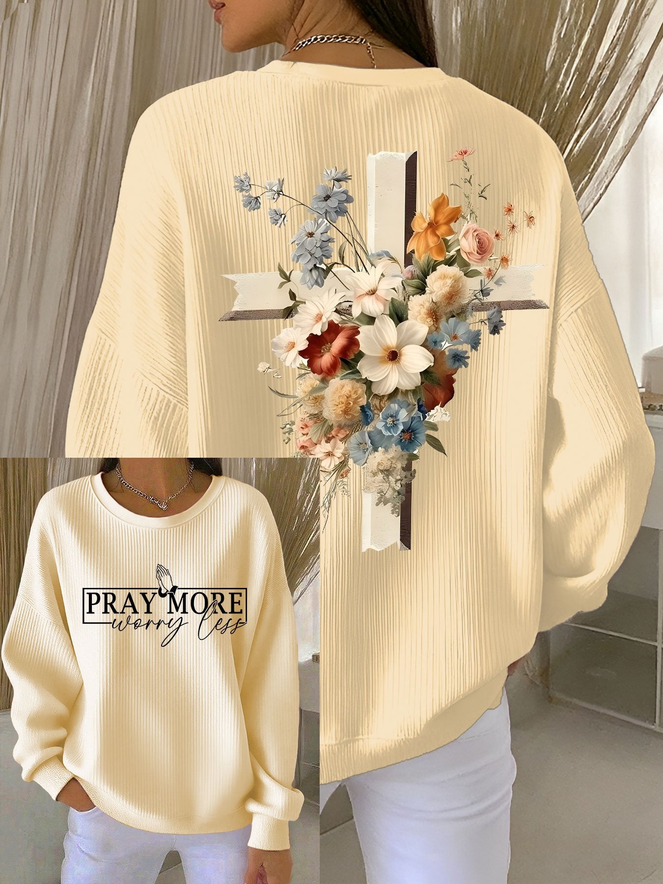 Women's PRAY MORE worry less Printed Crew Neck Long Sleeve Top