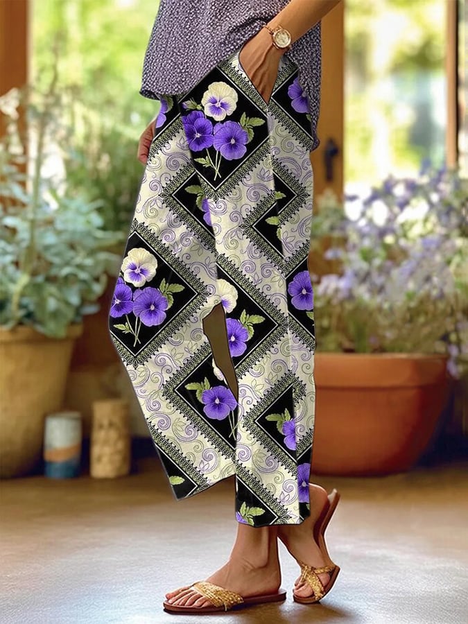 Women's Pastoral Retro Purple Floral Printed Pants