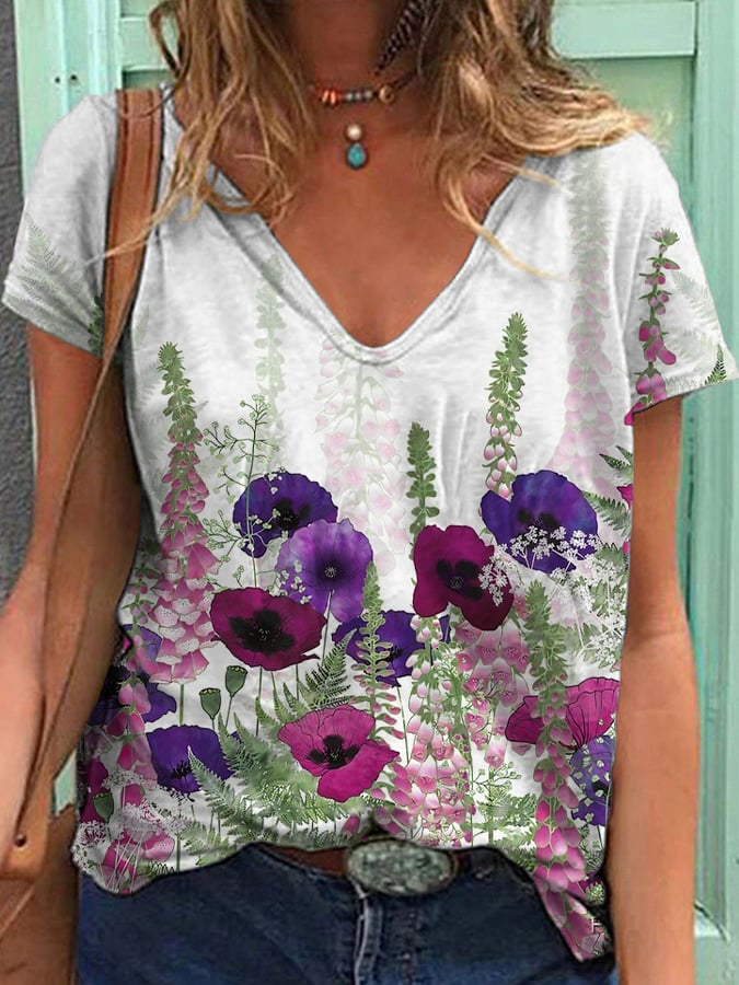 Women's Retro Botanical Floral Design Print T-Shirt