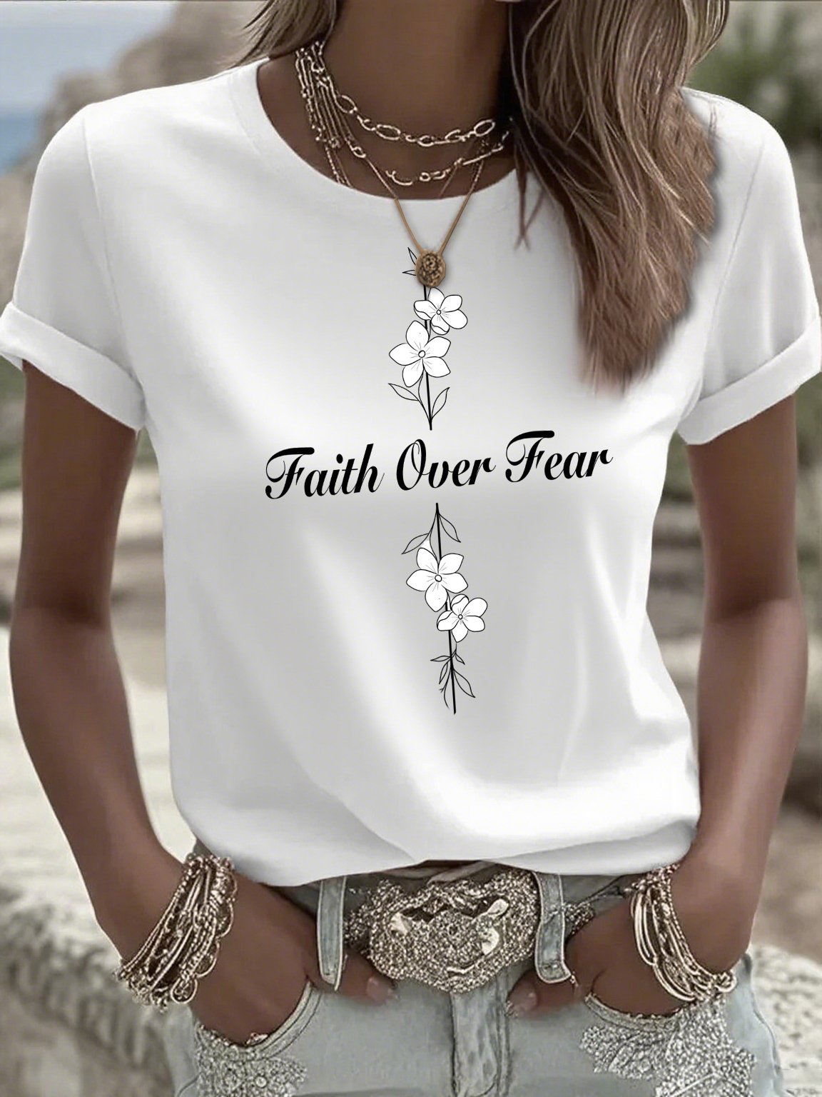 Women's Casual Faith Overcomes Fear Cross T-Shirt