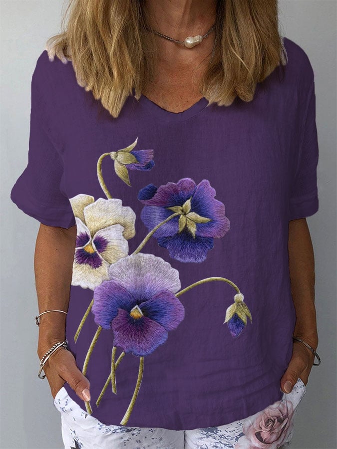 Women's Alzheimer's Purple Floral Print V-Neck Top