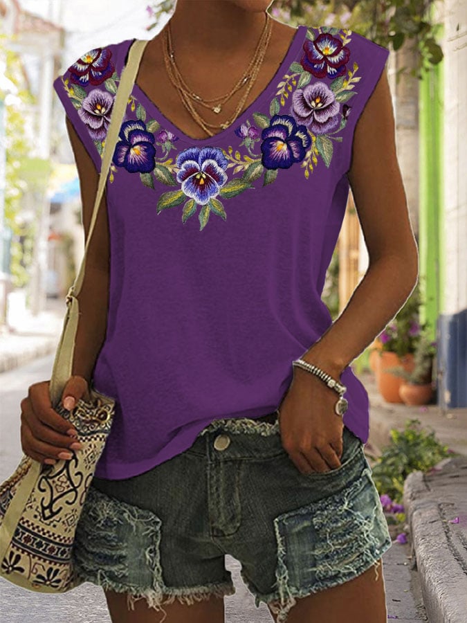 Women's Alzheimer's Purple Floral Print V-Neck Top