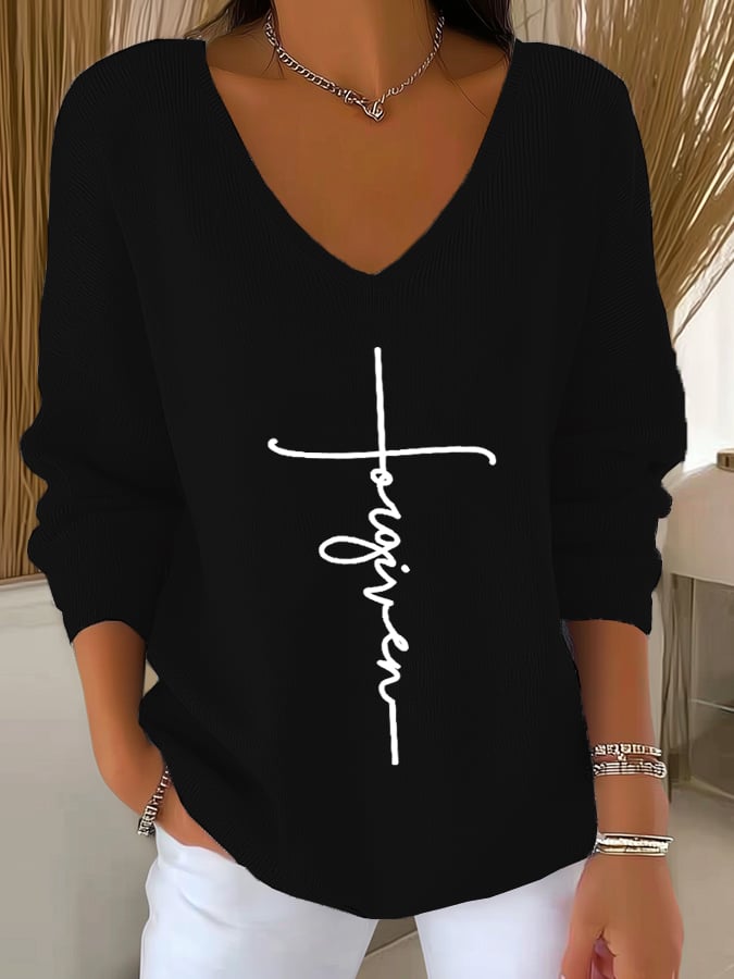 Women's Retro Forgiveness Faith Print Drop Shoulder Sweater