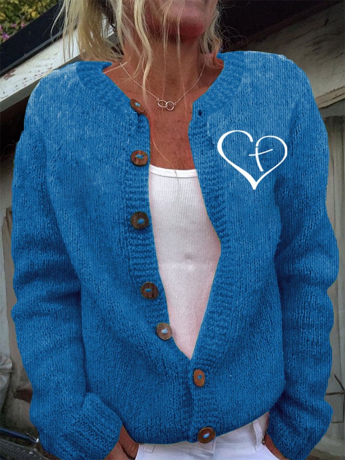 Women's Christian Heart Cross Print Cozy Knit Cardigan