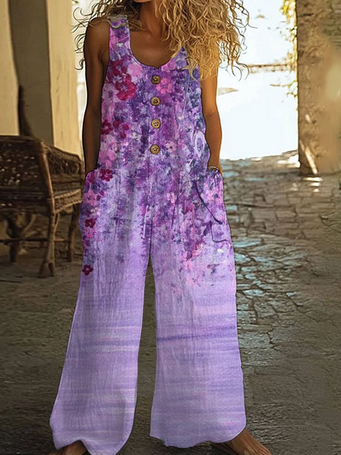 Women's Purple oil painting flowers Print Casual Jumpsuit