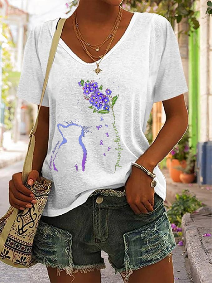 Women's Paws For The Cure Dementia Alzheimer's Disease Awareness Print V-Neck T-Shirt