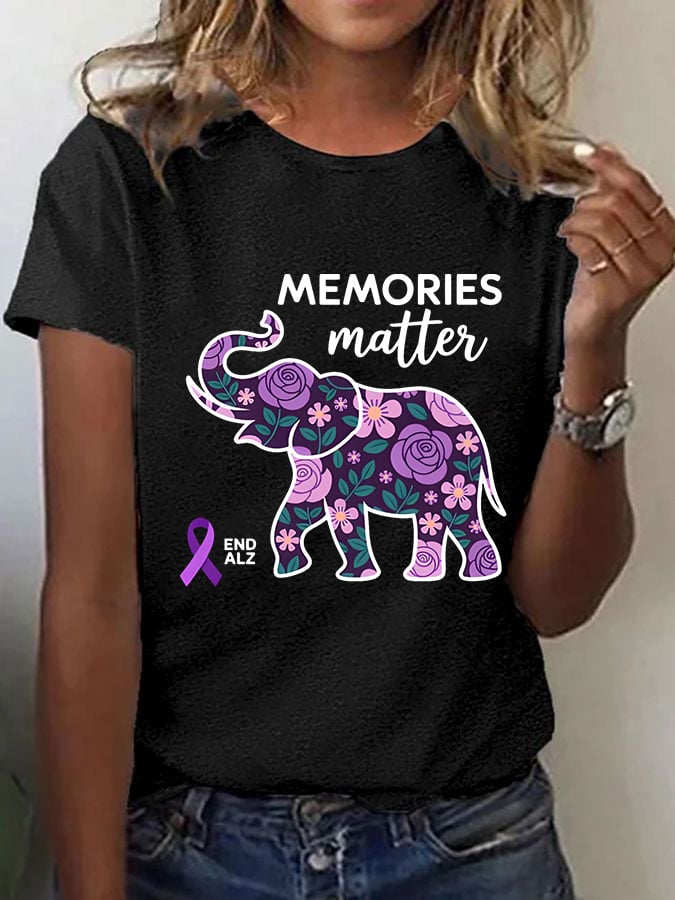 Women's Alzheimer's Disease Floral Elephant Print Short Sleeve T-Shirt