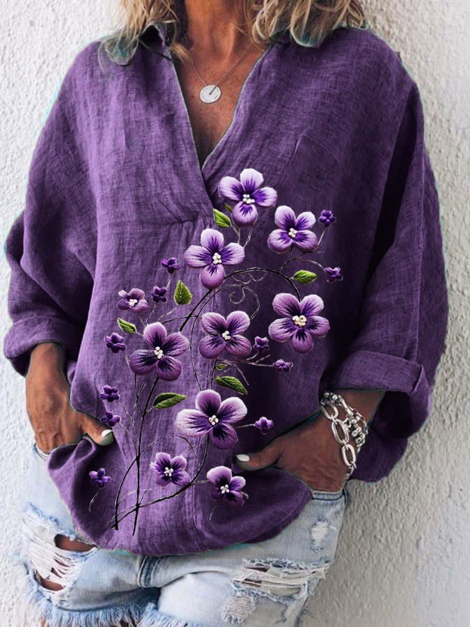 Women's Cotton And Linen Purple Floral V-Neck Top