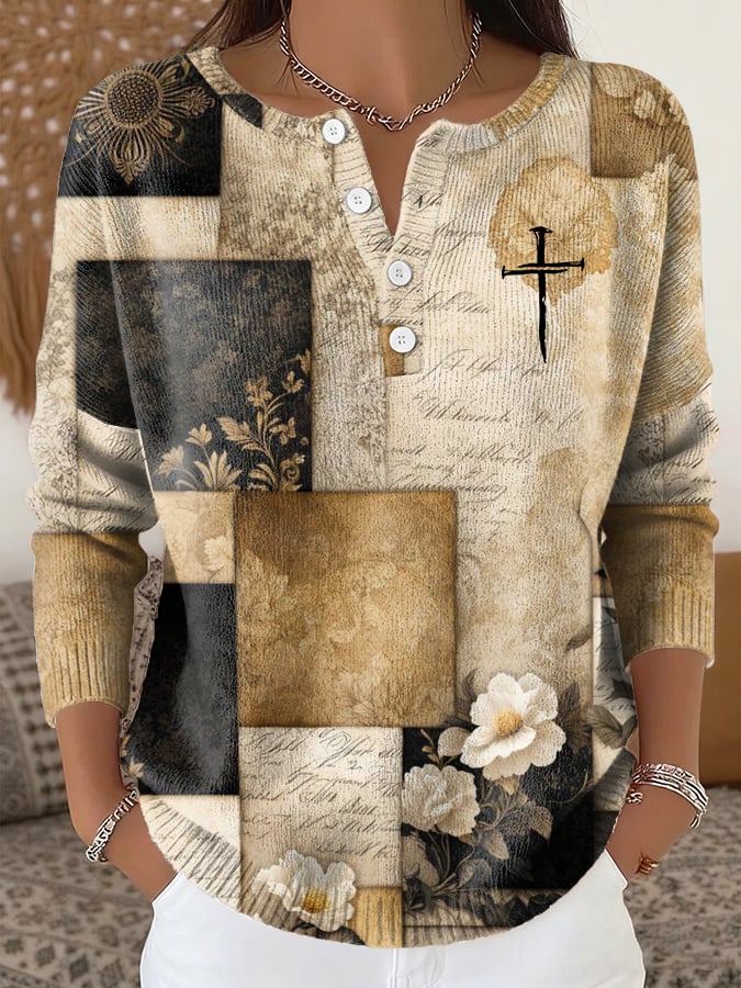 Women's casual autumn and winter retro color block floral contrast knitted faith top