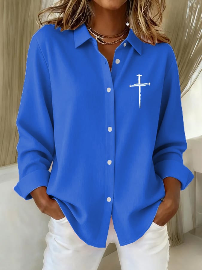 Women's Vintage Faith Cross Print Casual Shirt