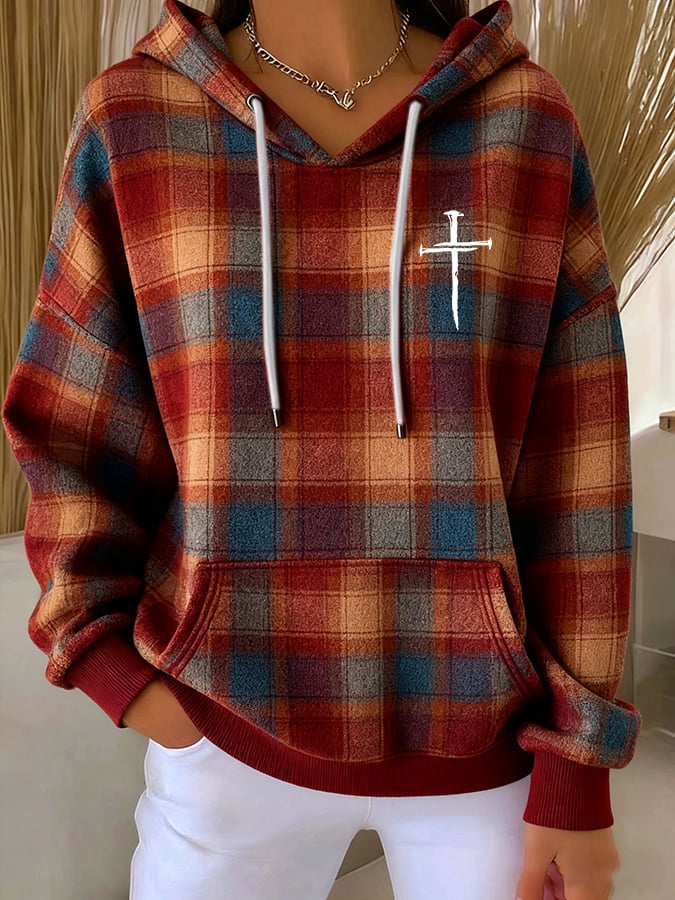 Women's Casual Retro Plaid Textured Faith Hoodie