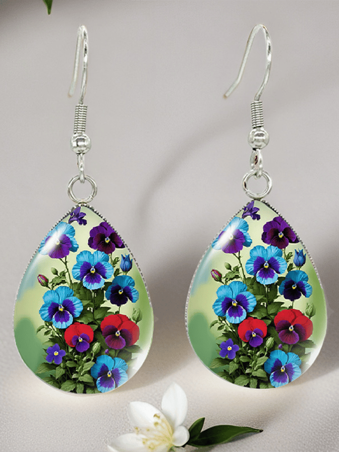 Purple Drop-Shaped Pansy Flower Design Earrings