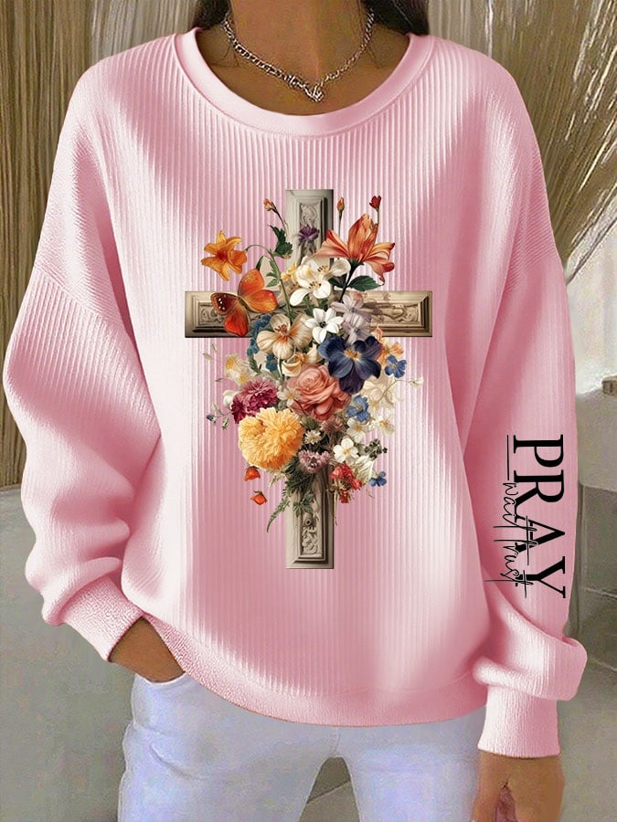 Women's Faith Cross Pray Wait Trust Printed Crew Neck Long Sleeve Top