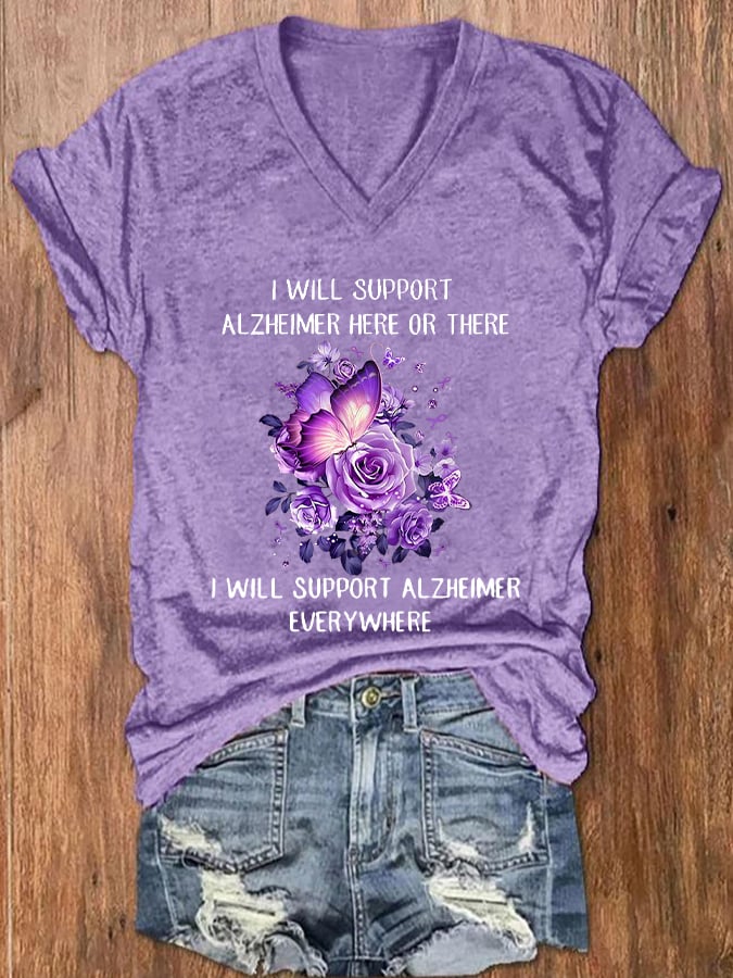 Women's Alzheimer's Awareness Butterfly Printed V-Neck T-Shirt