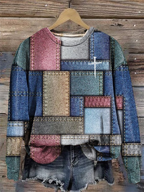 Women's Casual Faith Retro Color Block Sweatshirt