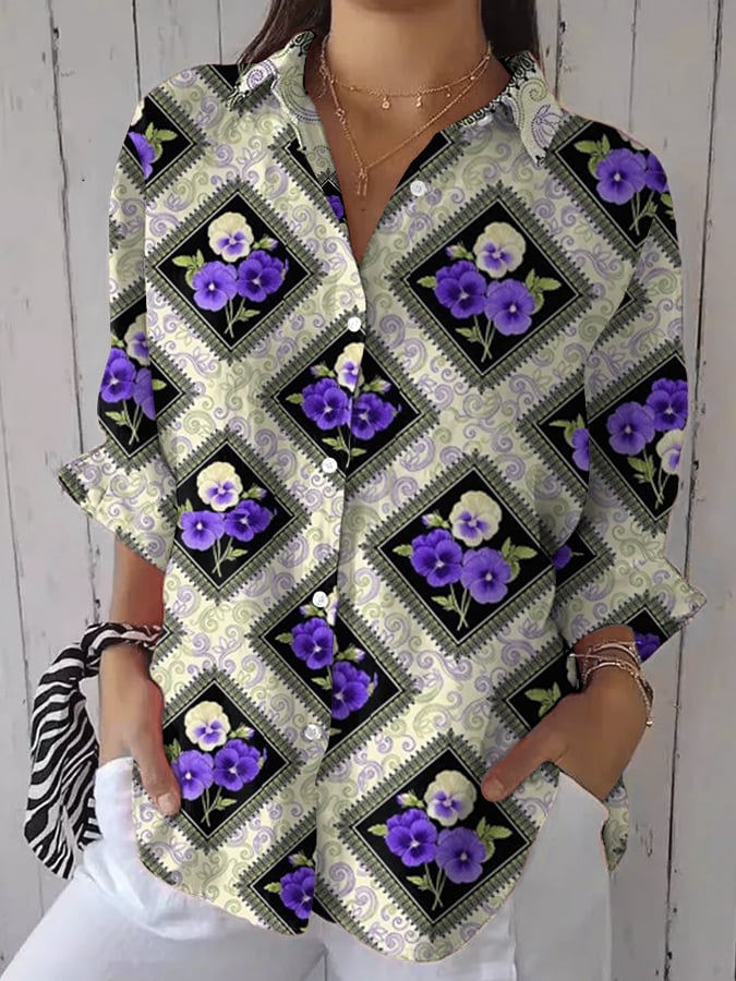 Women's Purple Floral Printed Lapel Shirt