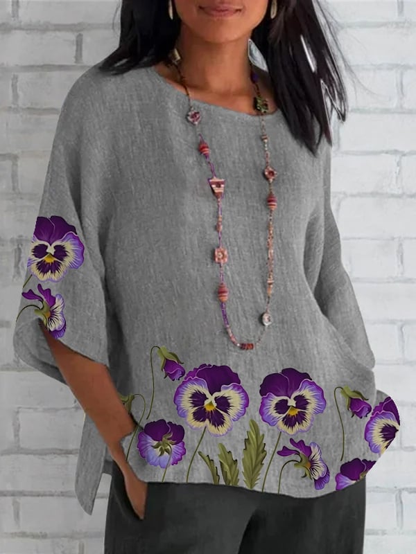 Women's Round Neck Purple Floral Print Round Neck Loose Shirt
