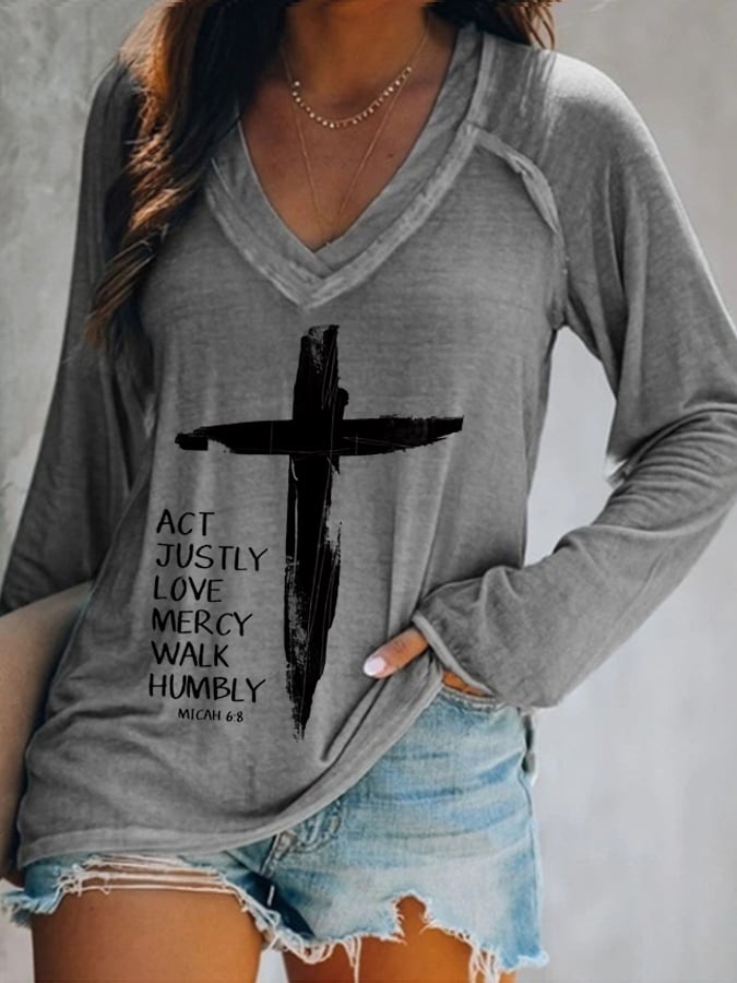 Women's Act Justly Love Mercy Walk Humbly-Micah 6:8 Cross Print V-neck T-shirt