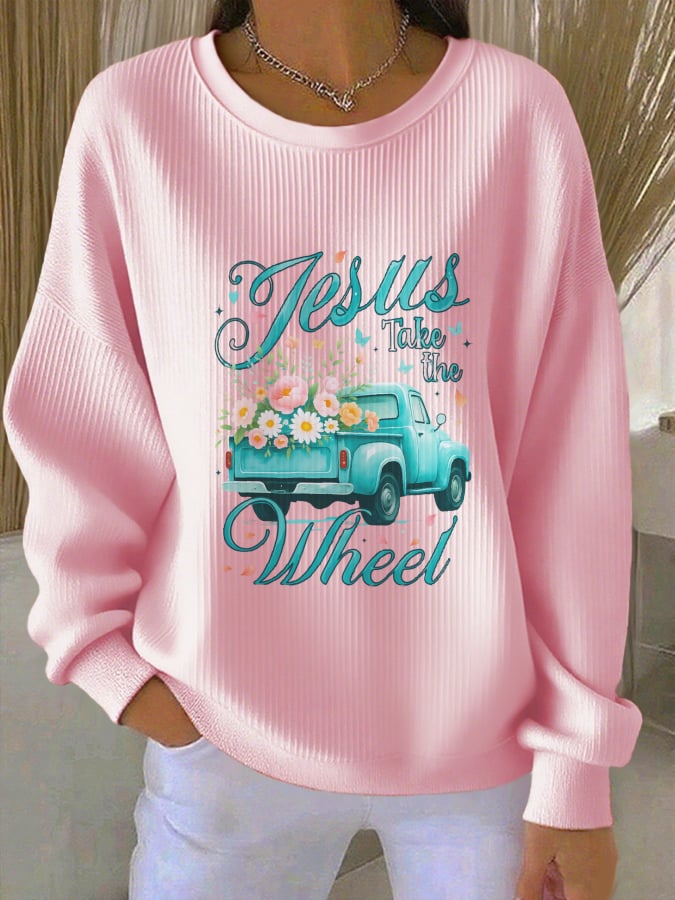 Women's Jesus Take The Wheel Daisies Graphic Print Sweatshirt