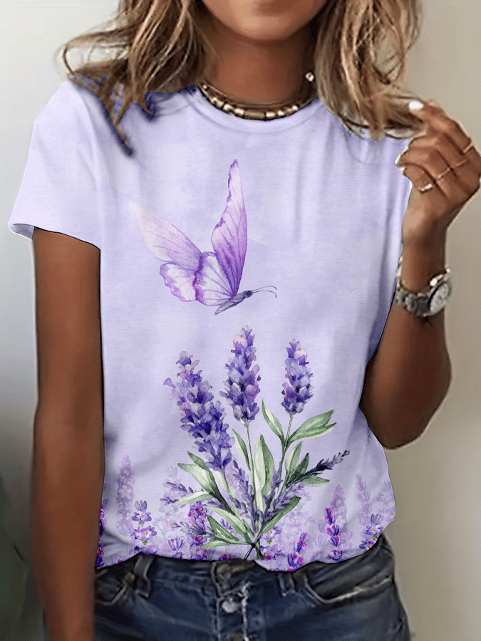 Women's Alzheimer's Floral Butterfly Print Crew Neck T-Shirt