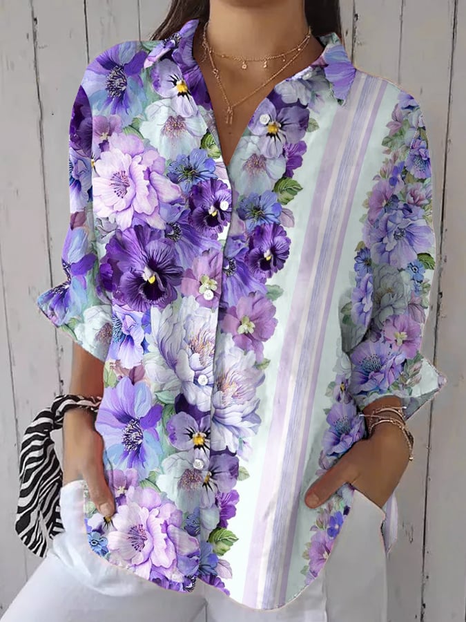 Women's Retro Alzheimer's Awareness Flowers  Print Casual Shirt