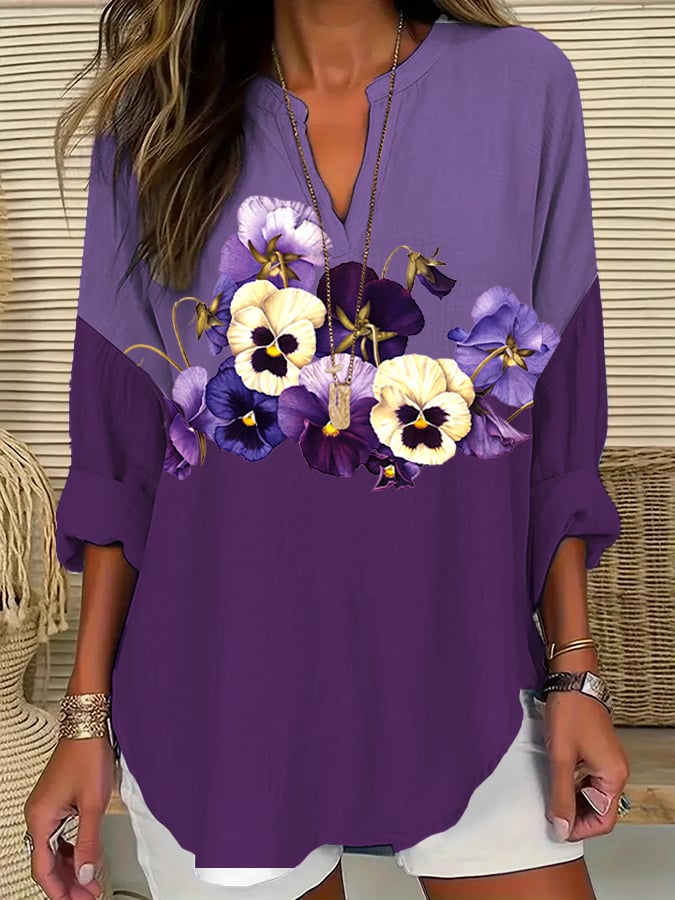 Women's Alzheimer's Awareness Purple Floral Cotton and Linen Shirt