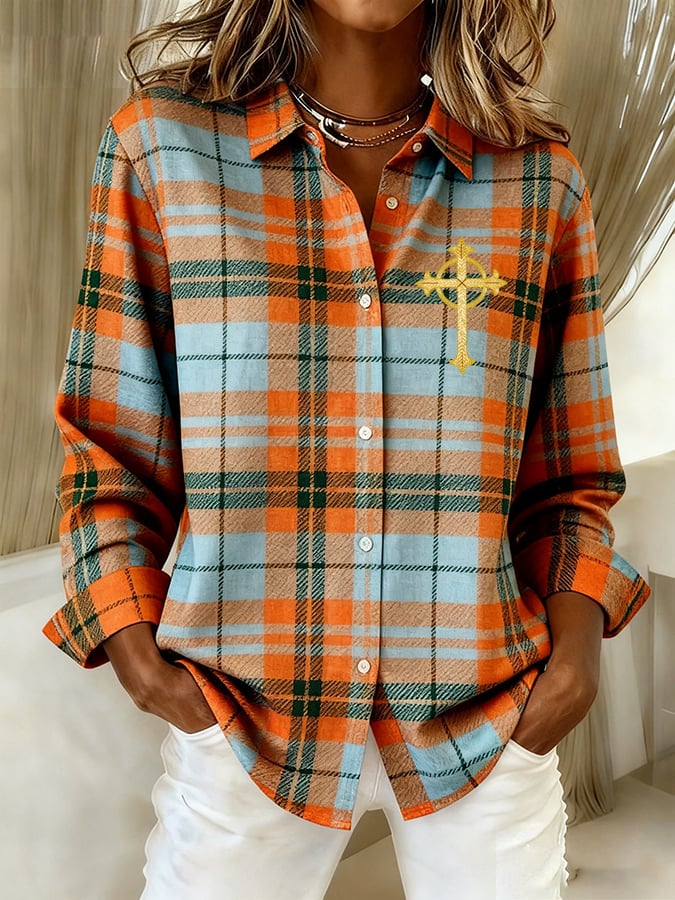 Women's Faith Plaid Art Print Linen Shirt