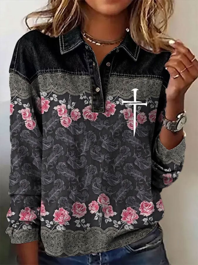 Women's Casual Faith Print Lapel Long Sleeve Top