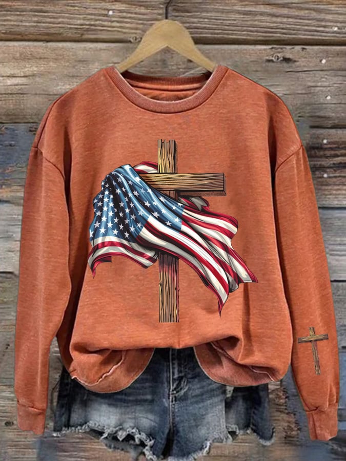 Women's American Flag Cross Patriotic Crew Neck Top