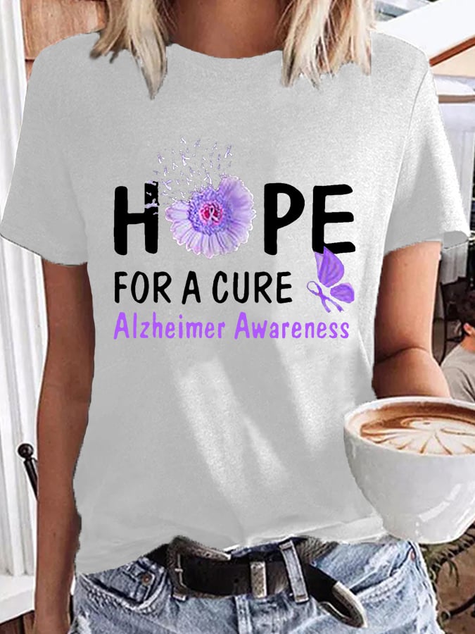 Women's Hope For A Cure Sunflower Purple Ribbon Alzheimer's Awareness Fighter Supporter Tee