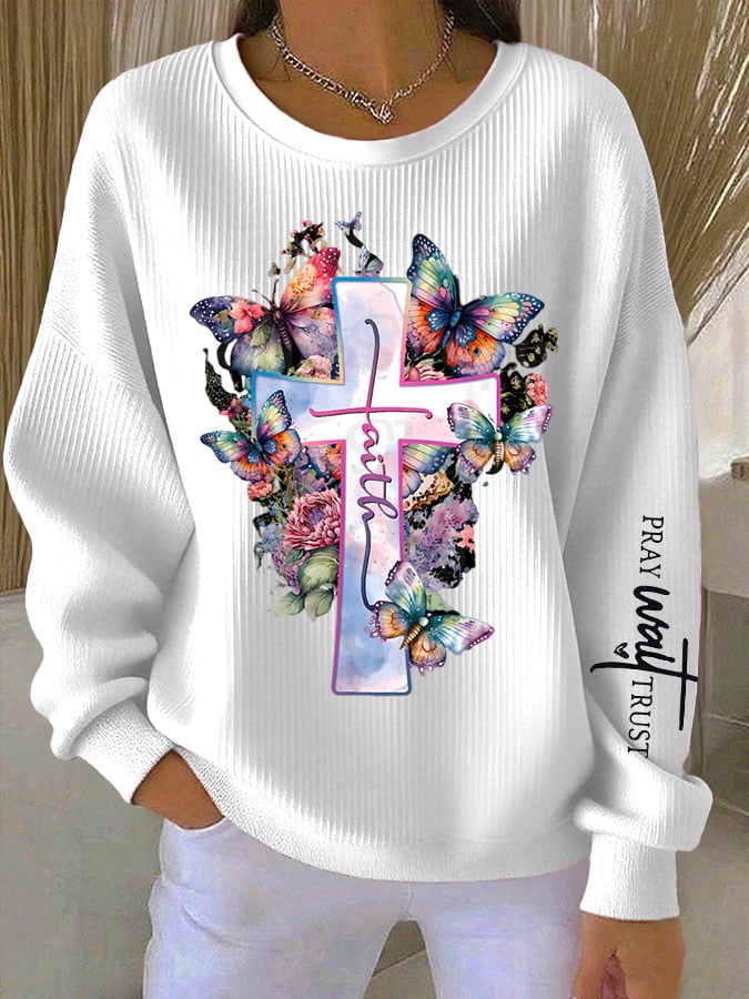 Women's Faith Cross Printed Crew Neck Long Sleeve Top