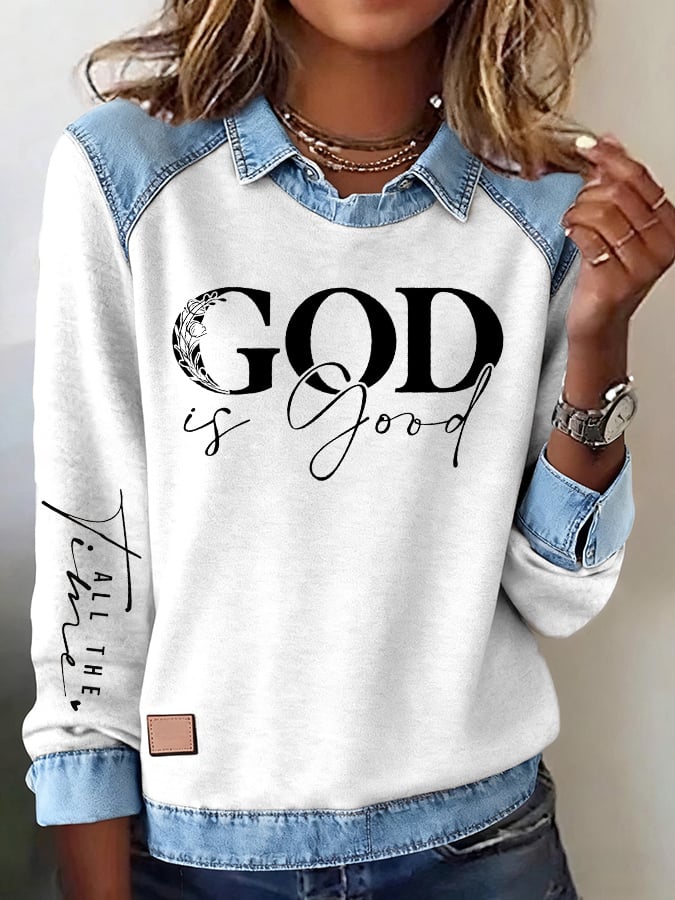 Women's Casual Faith Print Lapel Long Sleeve Top