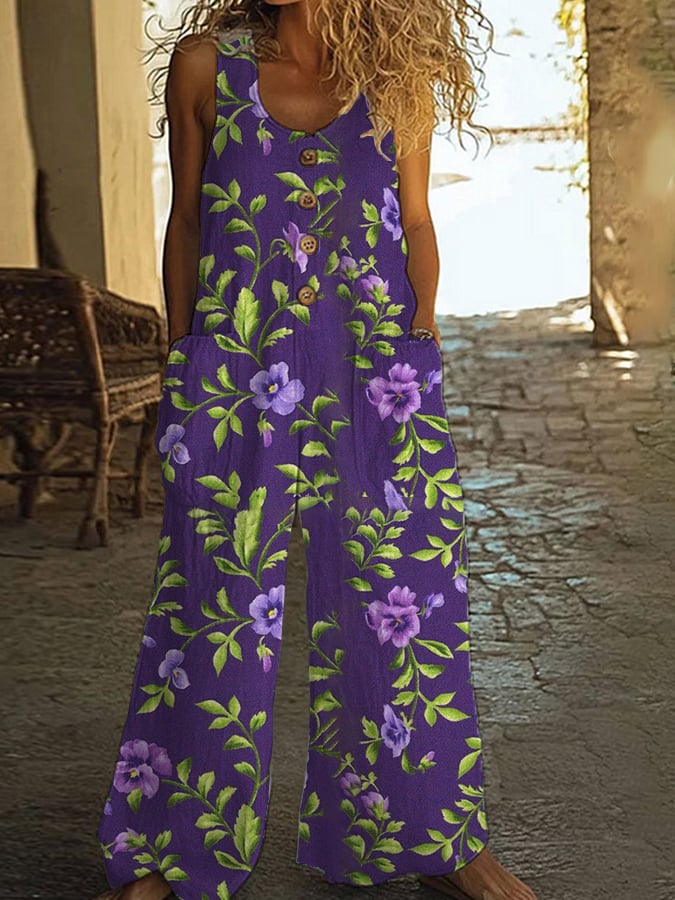 Women's Alzheimer's Awareness Floral Printed Button Casual Jumpsuit