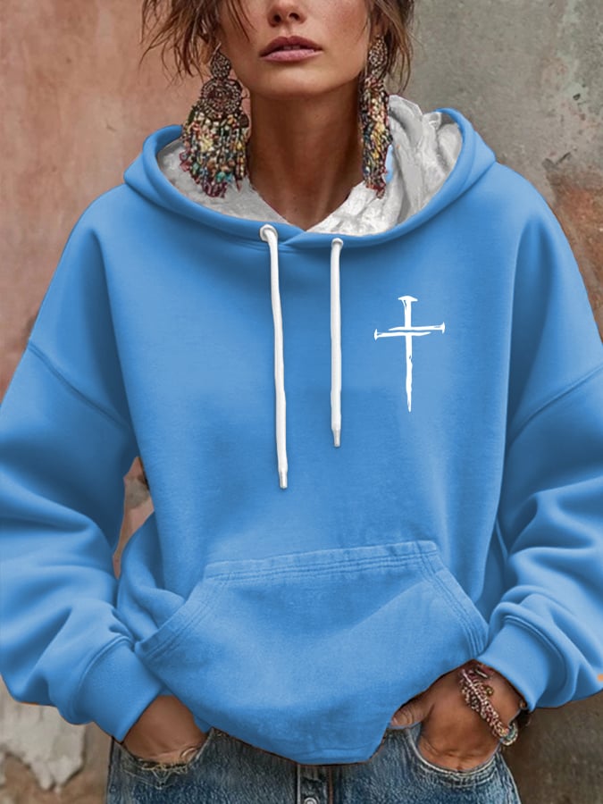 Women's Retro Faith Cross Print Casual Hooded Sweatshirt